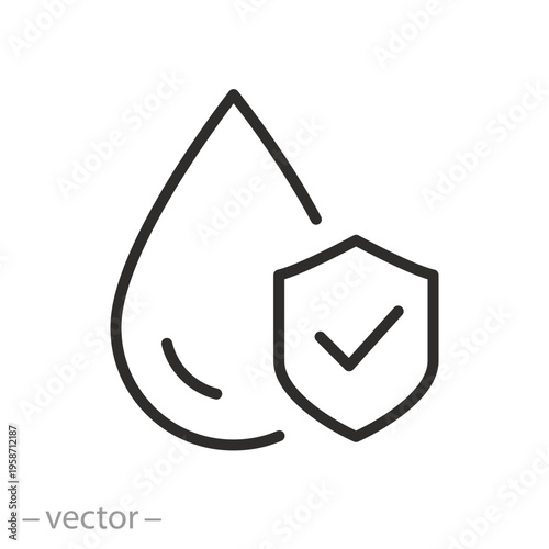 Waterproof icon, drop with shield, linear editable vector illustration