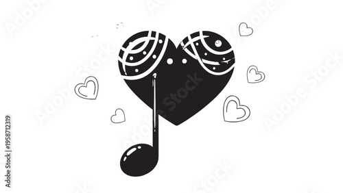 Cute Heart-Shaped Musical Note with Small Floating Hearts Illustration.