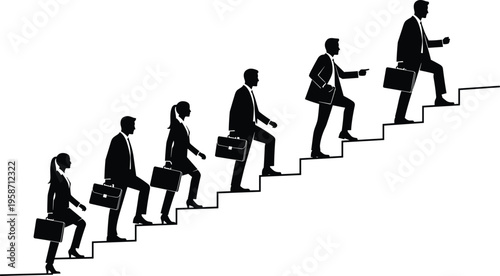 Business people climbing stairs success career growth leadership ambition corporate professionals teamwork progress motivation achievement vector silhouette illustration isolated concept