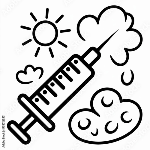 A simple line drawing of a medical syringe surrounded by a sun and fluffy clouds in the sky.