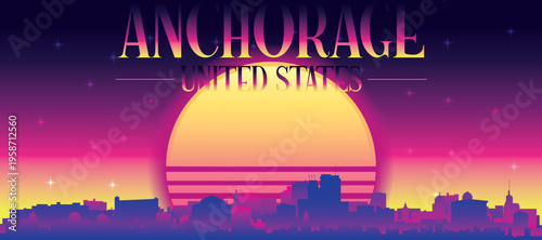 Purple generic retro futuristic synthwave panoramic poster of the city skyline with misty background sunset buildings of ANCHORAGE, UNITED STATES