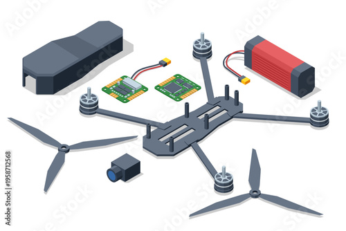 Isometric Drone parts and assembly kit. Military field environment shows drone deployment, remote control, tactical surveillance, defense technology and modern battlefield support