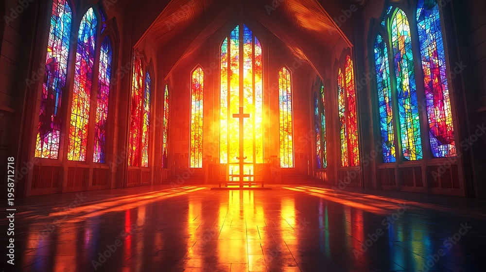Obraz premium Church cathedral stained glass windows vibrant colors spiritual interior image
