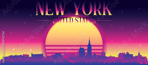 Purple generic retro futuristic synthwave panoramic poster of the city skyline with misty background sunset buildings of NEW YORK, UNITED STATES
