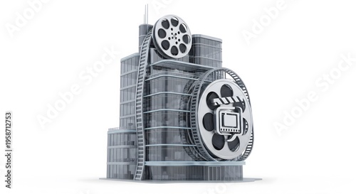 A 3D illustration of a film reel building with a modern design