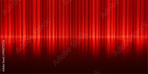Red abstract background featuring a bright stage curtain design with shiny motion lines and a dark wave pattern for a theater cinema backdrop illustration