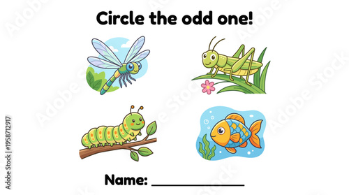 Colorful insects and fish for educational game for children  