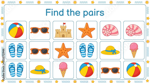 Educational game for children featuring matching pairs of beach items  