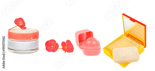 Modern skincare and makeup kit with facial moisturizer, lip balm and compact foundation on white background, professional cosmetic tools for healthy glowing skin appearance.