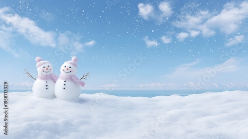 Two cute snowmen in pastel hats and scarves stand together on a bright snowy landscape under a clear blue sky, creating a cheerful and playful winter scene.