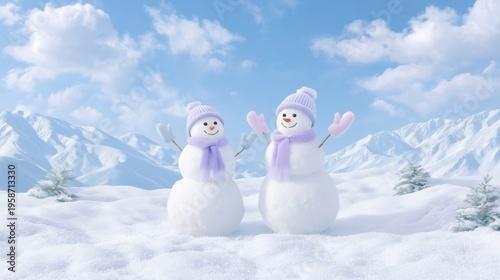 Two cute snowmen in pastel hats and scarves stand together on a bright snowy landscape under a clear blue sky, creating a cheerful and playful winter scene.