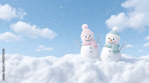Two cute snowmen in pastel hats and scarves stand together on a bright snowy landscape under a clear blue sky, creating a cheerful and playful winter scene.
