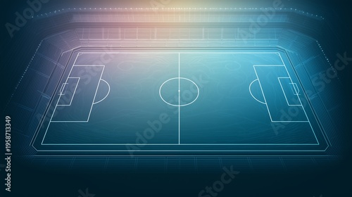 Futuristic blue wireframe soccer stadium from a top-down perspective, featuring a clean symmetrical layout and a warm overhead glow.