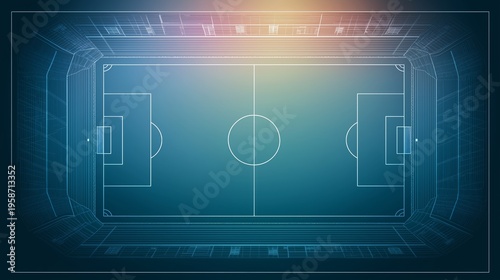 Futuristic blue wireframe soccer stadium from a top-down perspective, featuring a clean symmetrical layout and a warm overhead glow.
