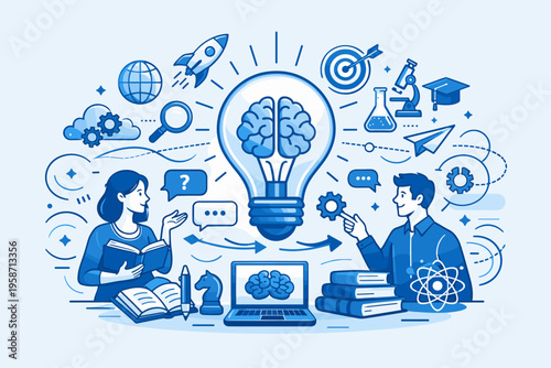 Flat vector illustration of education, creativity and idea generation, online learning, brainstorming and knowledge sharing concept