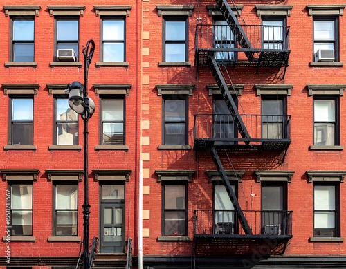 Two brick buildings, one with a black fire escape, bathed in warm sunlight