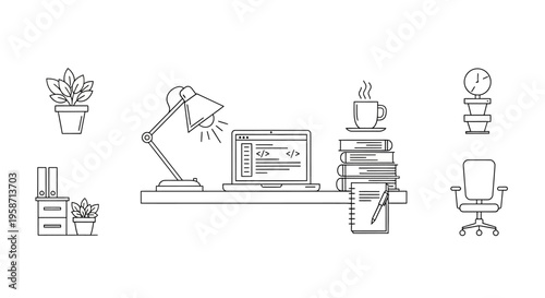 An office workspace with a laptop, books, and plants on a desk indoors.