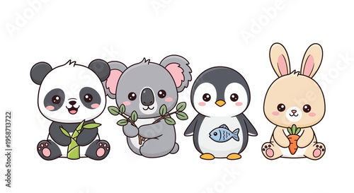 Cute cartoon animals panda koala penguin and rabbit eating snacks together outdoors