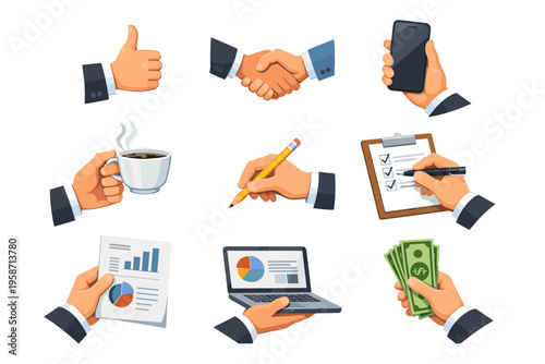Flat vector set of business hand gestures and actions, agreement, payment, communication and office workflow illustration collection