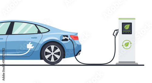 Electric car charges at modern station
