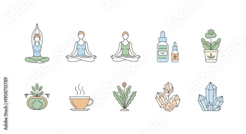 A serene yoga practice surrounded by plants and wellness products in a peaceful environment.