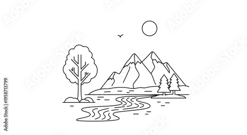 A serene landscape with a winding river flowing through a valley surrounded by majestic mountains and trees under a sunny sky.