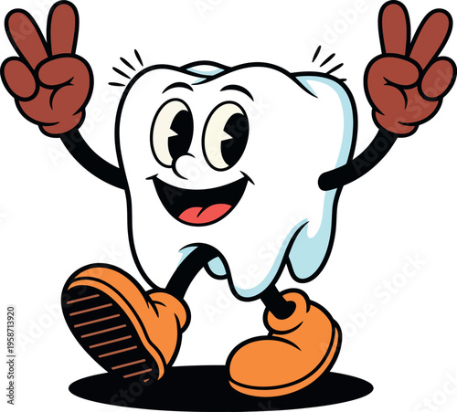 Happy Cartoon Tooth Vector Illustration, Showing Peace Sign with Cartoon Hands and Feet, Great for Dental Health Campaigns and Fun Educational Content for Children