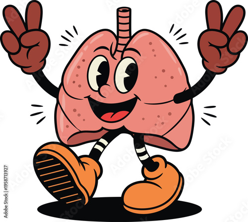 Happy Retro Cartoon Lungs Character Vector Illustration Offering Peace Signs, Symbolizing Health and Well-being with a Playful and Cheerful Design, Perfect for Medical Awareness 