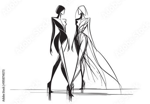 abstract fashion models sketch, line art sketch style