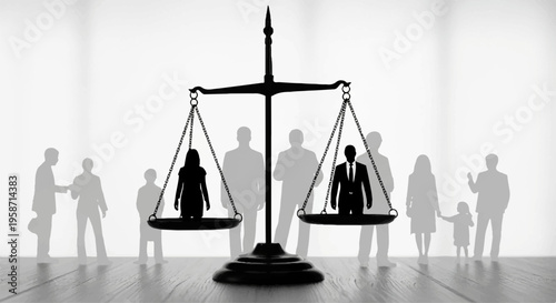 Balanced scales with silhouettes of family on each side symbolizing equality and fairness in relationships and law with people in background