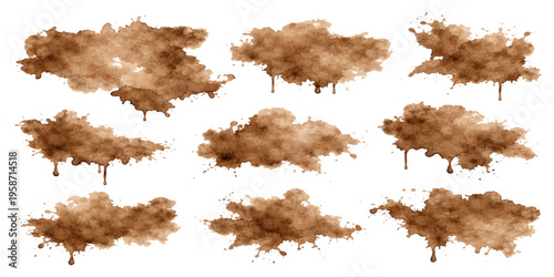 A vintage set of colorful watercolor ink stains and grunge paint splashes creates a dirty artistic texture on old paper with brown brush blob shapes for vector design frames