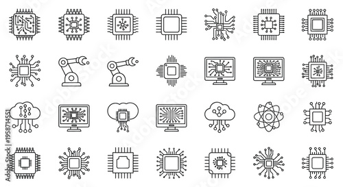Collection of outlined icons representing technology computing and automation