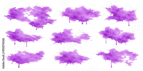Set of colorful watercolor paint splashes on white paper texture featuring artistic purple and pink ink stains for a grunge wallpaper design element