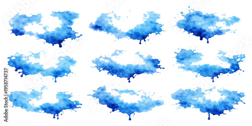 Beautiful set of blue watercolor and ink splashes forming an abstract fluffy cloudscape against a bright white summer sky