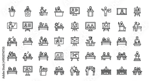 Line art icons depicting various scenes of classroom learning and lecturing