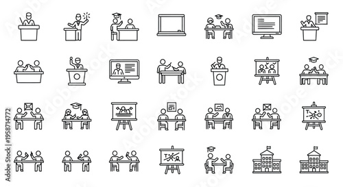 Collection of linear icons depicting various classroom and education scenes