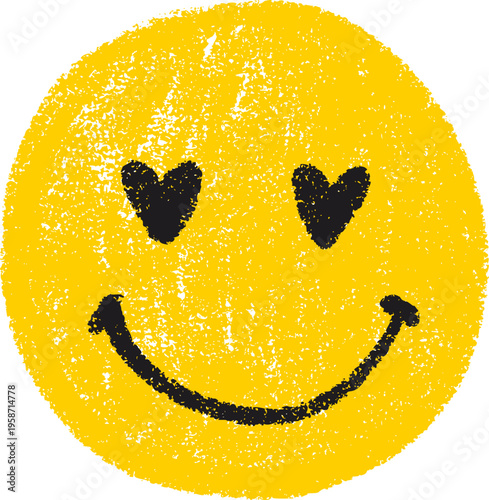 Hand drawn smile emoji with heart eyes in doodle sketch style. Cute playful face expressing love, suitable for stickers, romantic designs and social media graphics.