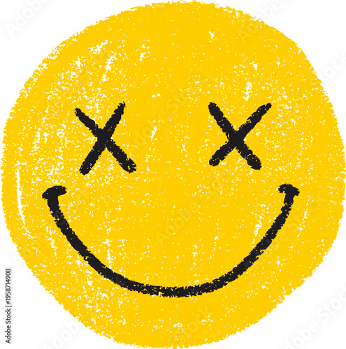 Hand drawn smile emoji with crossed eyes in crayon style and rough texture