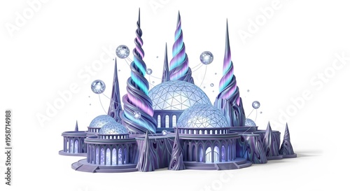 A fantastical purple castle with colorful spires and domes