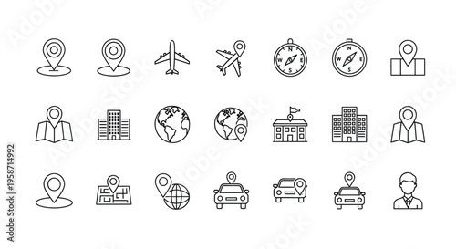 Collection of travel and location related line icons in black and white