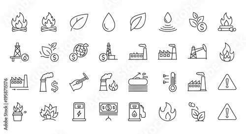 Collection of line art icons depicting energy environment and industry