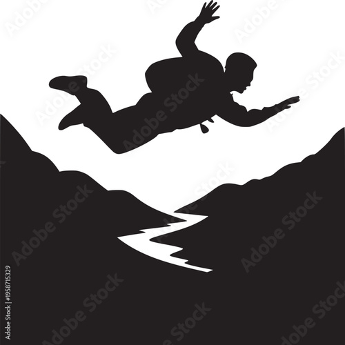 Silhouette of a skydiver over mountains and a river in black and white monochrome art style