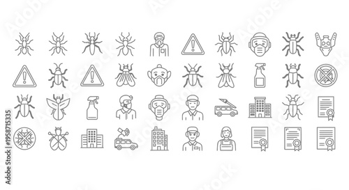 Collection of linear icons depicting insects safety and professional roles