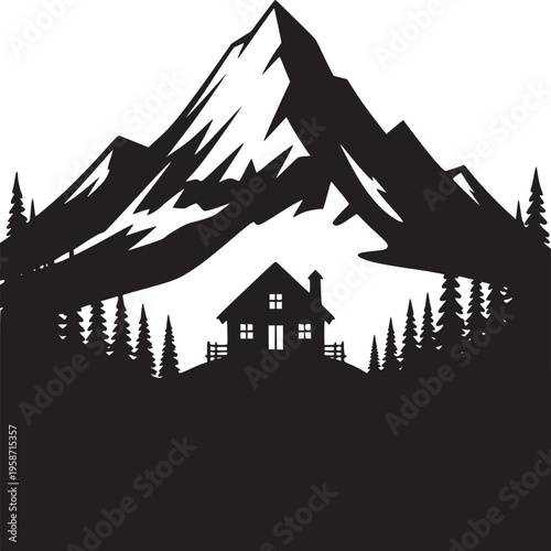 A silhouette of a house nestled among trees with a large mountain range in the background view scenery