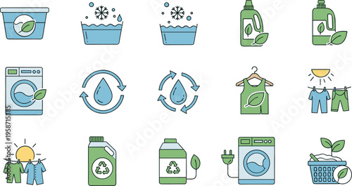 Eco Friendly Laundry Icons Set with Washing Machine, Detergent, Water Saving Symbols, and Sustainable Cleaning Concept for Green Household DesignEco 