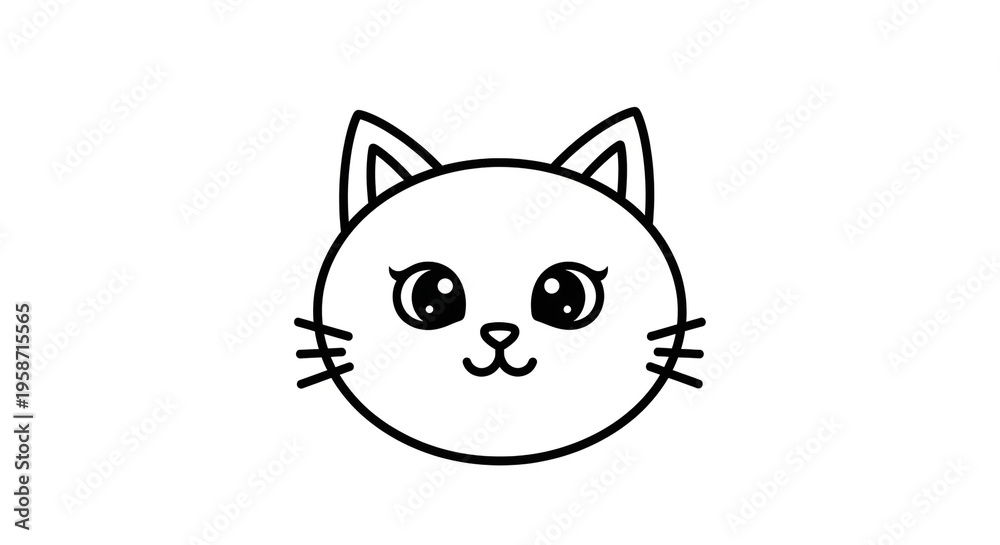 Fototapeta premium Cute cartoon cat face icon with big eyes and whiskers on white background smiling and looking friendly