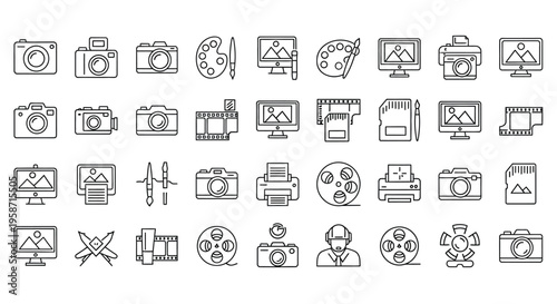 Collection of line art icons representing photography film and art tools