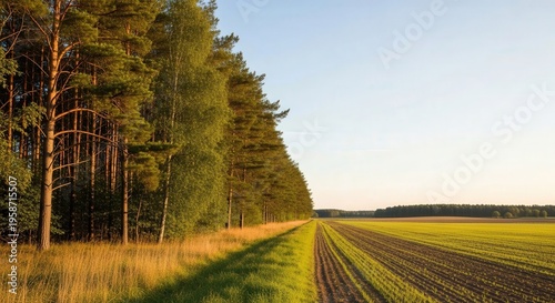 Serene Autumn Forest Path Sunlit Green Trees and Vibrant Grass Landscape