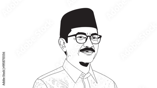 Black and White Illustration of a Man with Glasses and Mustache in a Formal Attire.