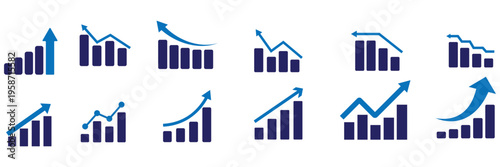 Graph going Up and Down sign with green and red arrows vector. Flat design vector illustration concept of sales bar chart symbol icon with arrow moving down and sales bar chart with arrow moving up
